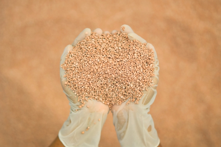 Agricultor sosteniendo fertilizantes nitrogenados